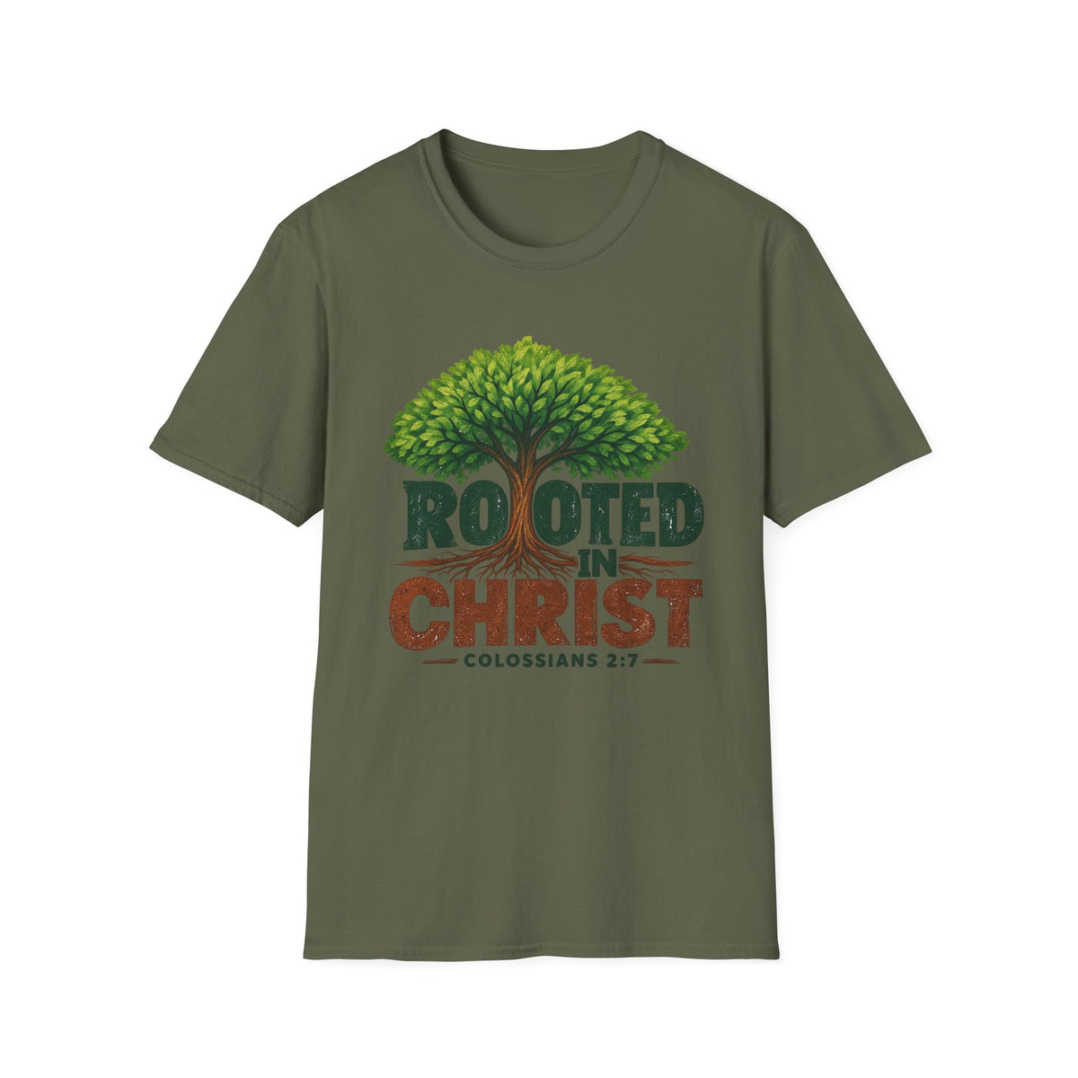 Rooted in Christ T-Shirt — Christian Faith Tree Shirt (Colossians 2:7)