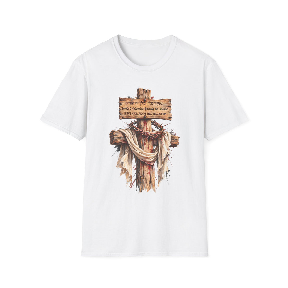 Christian Cross T-Shirt with Wooden Sign and Draped Cloth