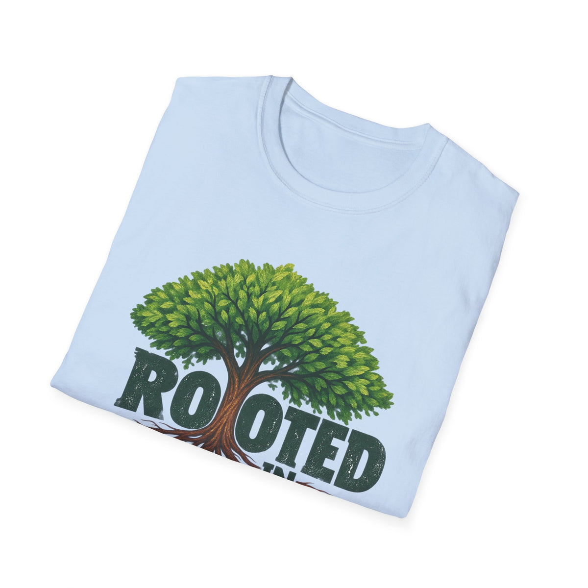 Rooted in Christ T-Shirt — Christian Faith Tree Shirt (Colossians 2:7)