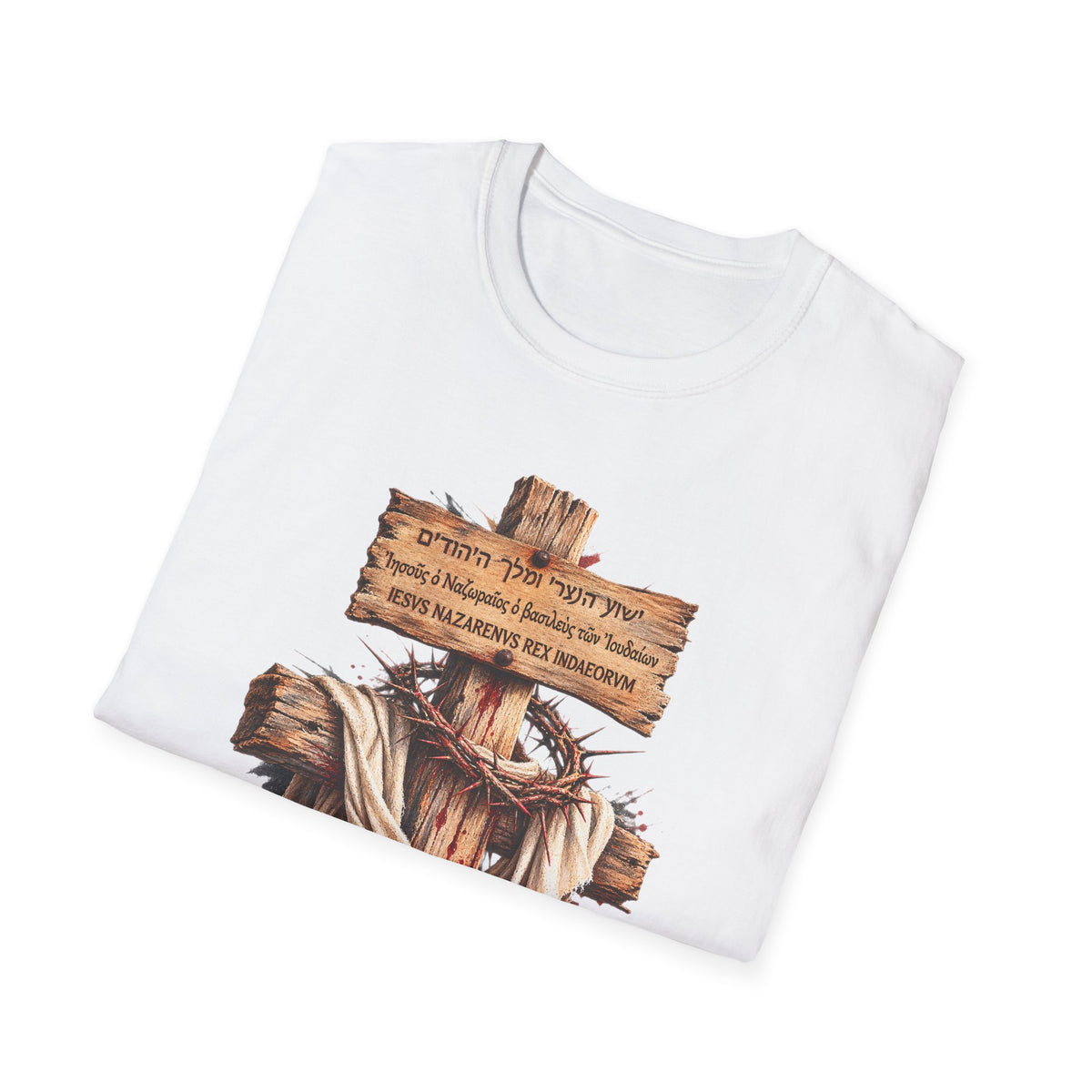 Christian Cross T-Shirt with Wooden Sign and Draped Cloth