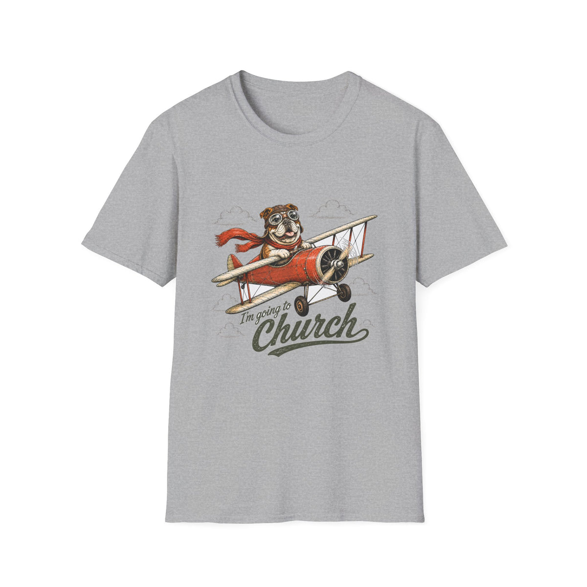 I’m Going to Church T-Shirt — Vintage Plane Pilot Dog Graphic Tee