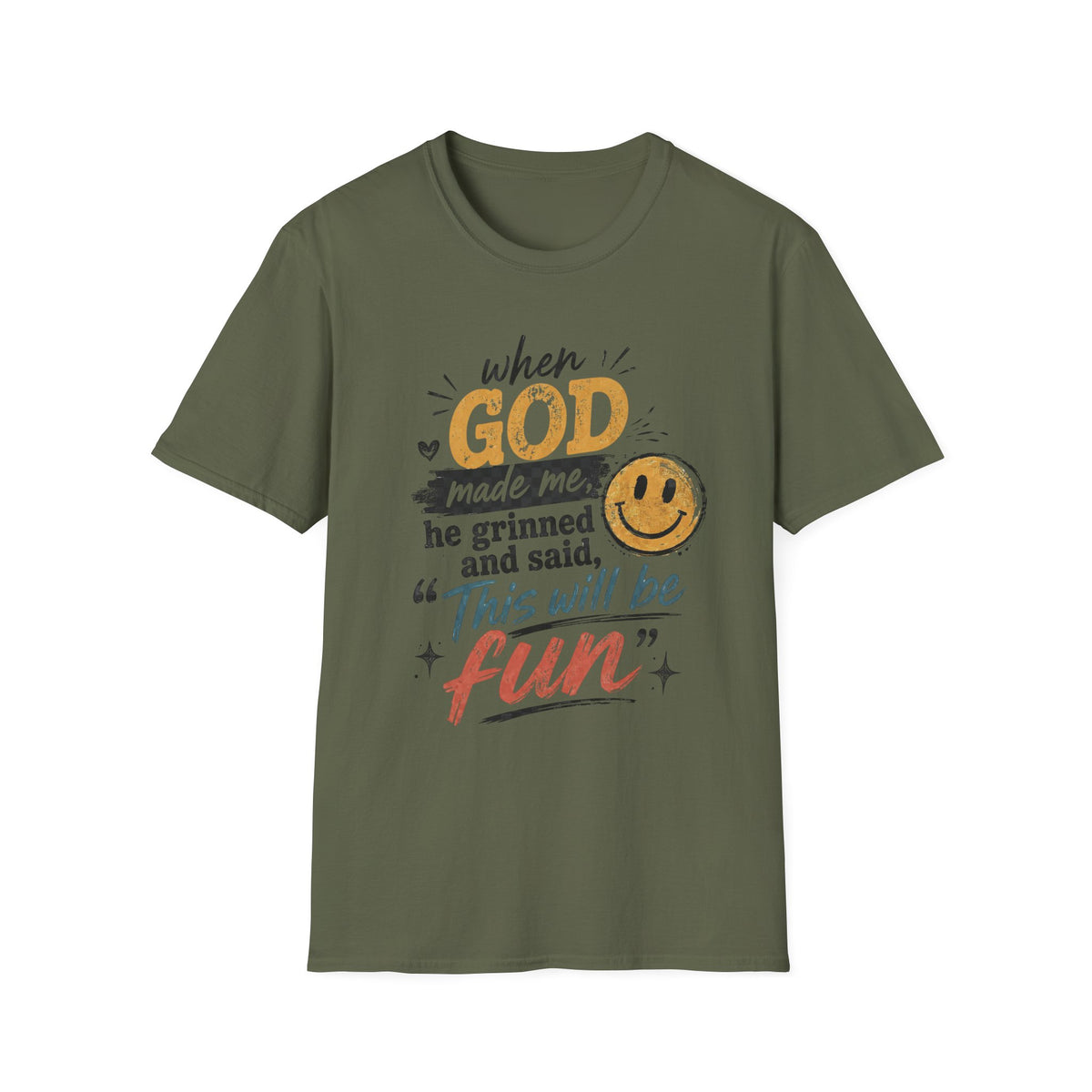 T-Shirt — "God This Will Be Fun" Vintage Smiley Faith Tee