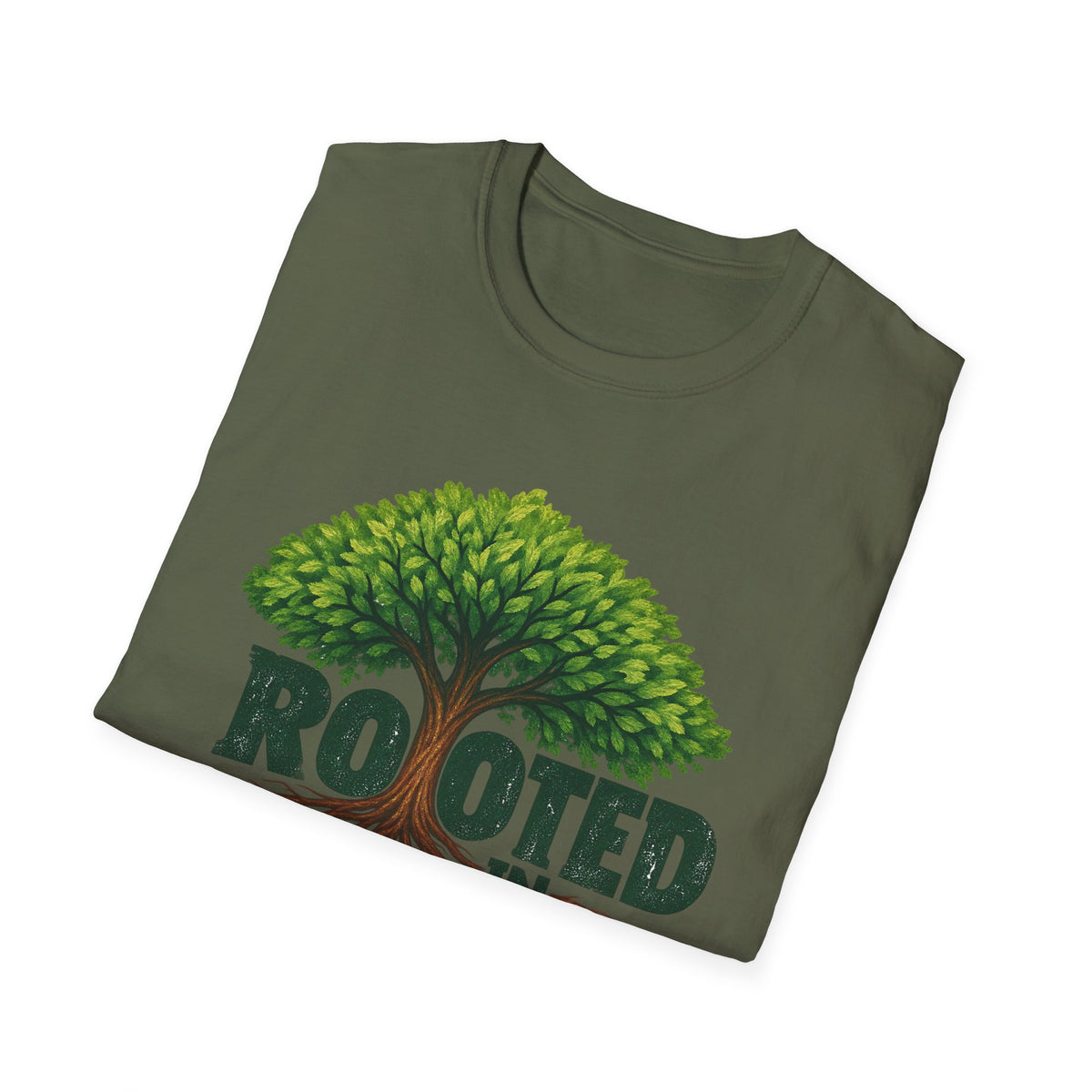 Rooted in Christ T-Shirt — Christian Faith Tree Shirt (Colossians 2:7)