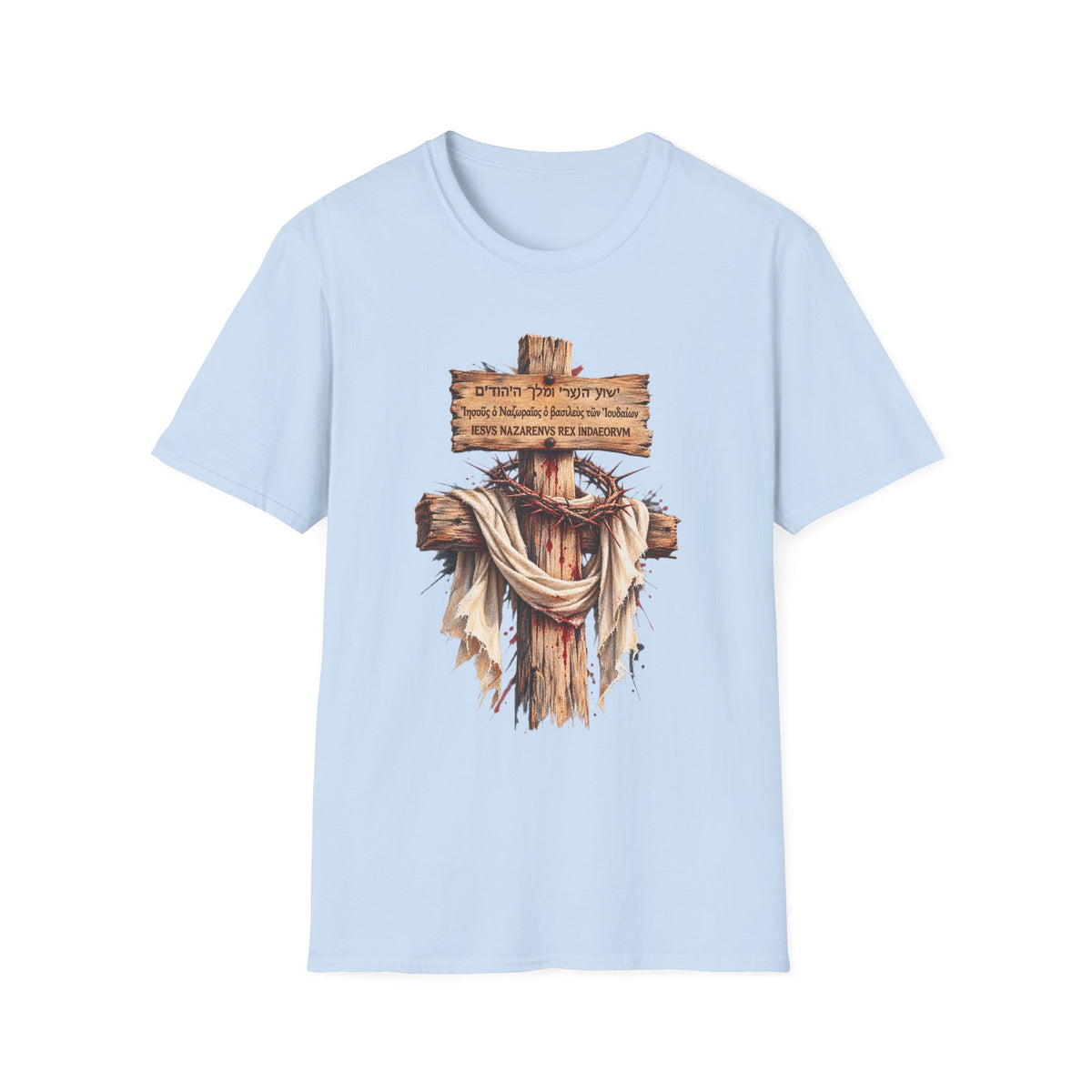 Christian Cross T-Shirt with Wooden Sign and Draped Cloth