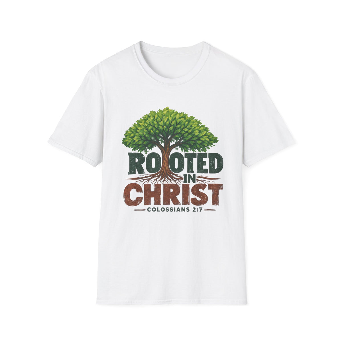 Rooted in Christ T-Shirt — Christian Faith Tree Shirt (Colossians 2:7)