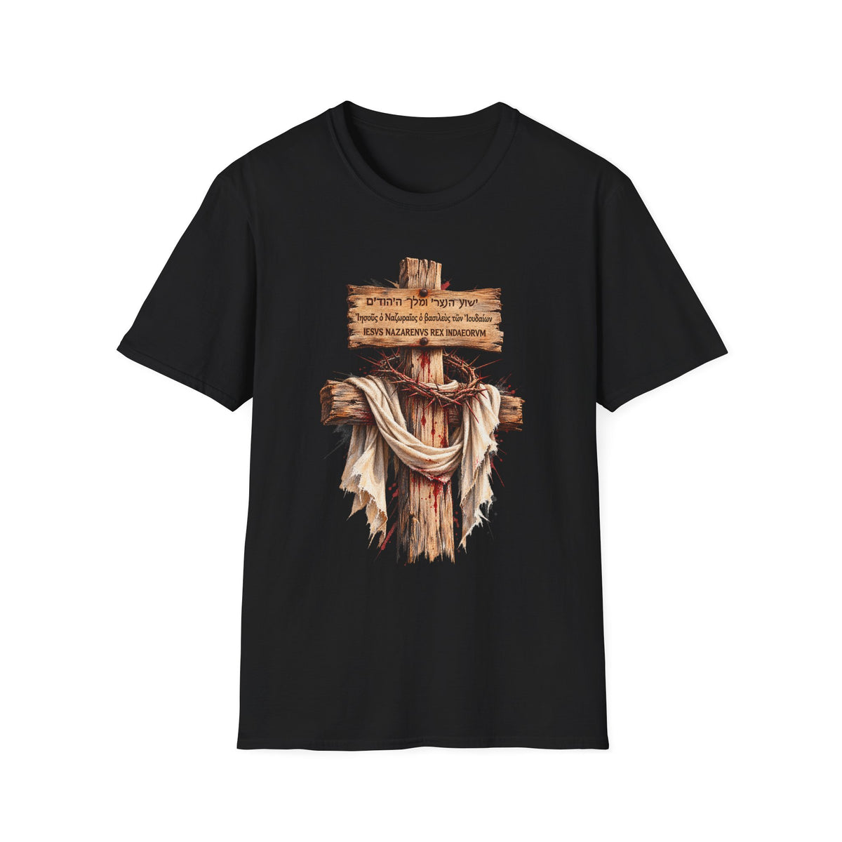 Christian Cross T-Shirt with Wooden Sign and Draped Cloth