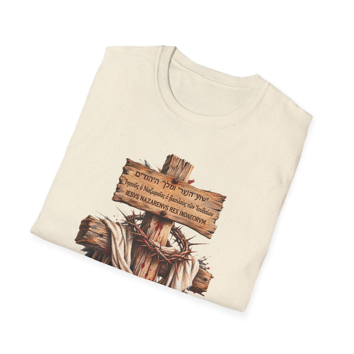 Christian Cross T-Shirt with Wooden Sign and Draped Cloth