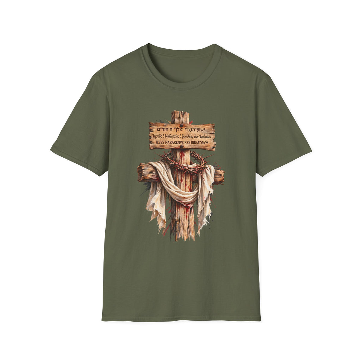 Christian Cross T-Shirt with Wooden Sign and Draped Cloth