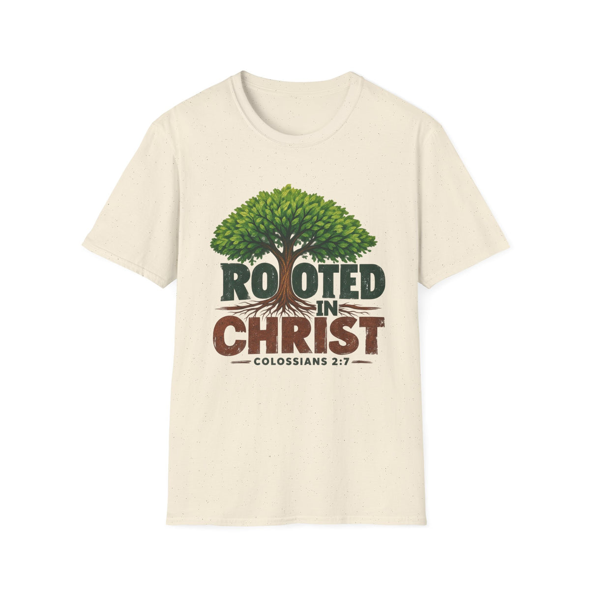 Rooted in Christ T-Shirt — Christian Faith Tree Shirt (Colossians 2:7)