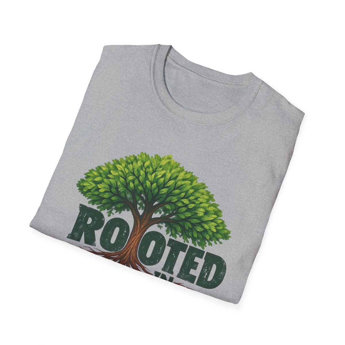 Rooted in Christ T-Shirt — Christian Faith Tree Shirt (Colossians 2:7)