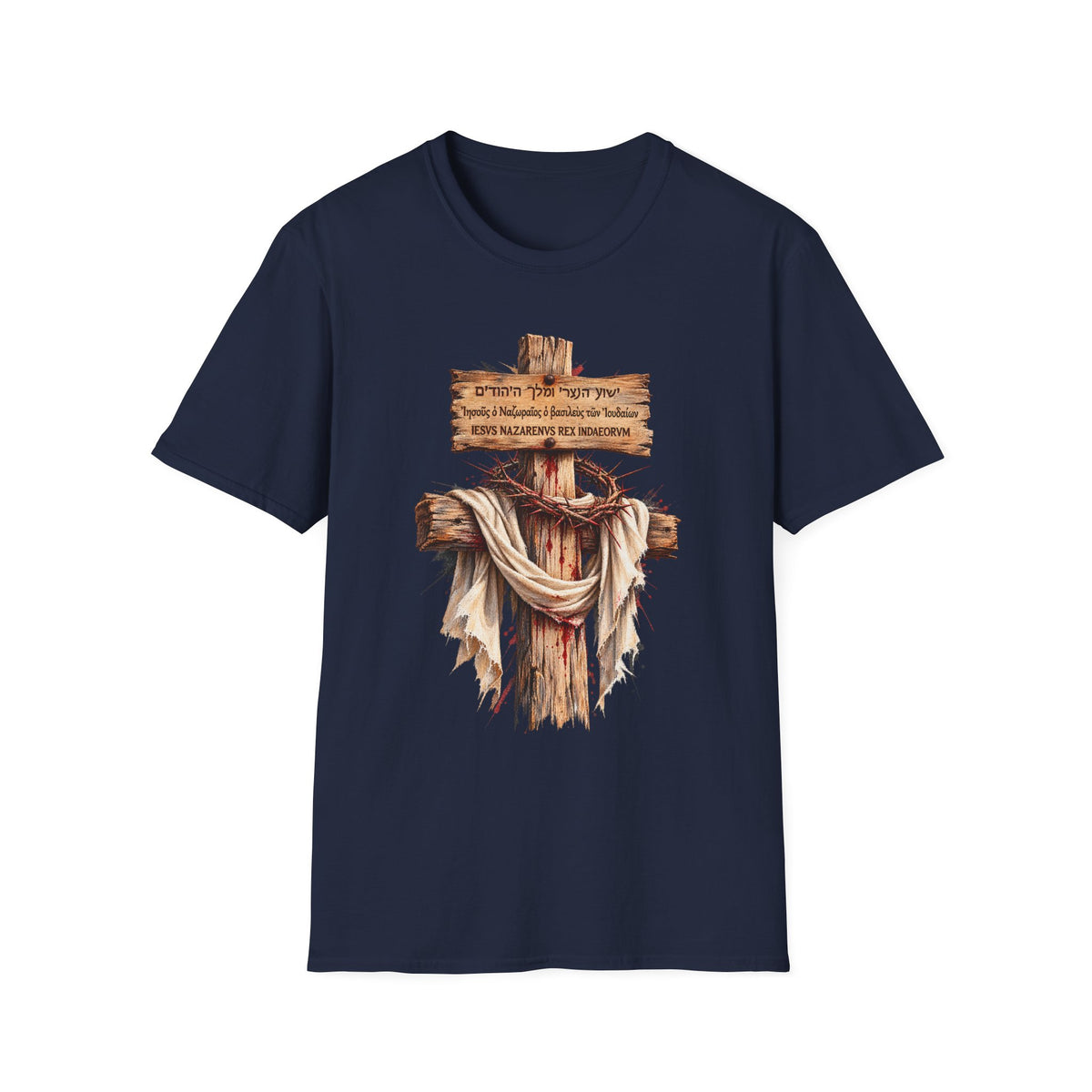 Christian Cross T-Shirt with Wooden Sign and Draped Cloth