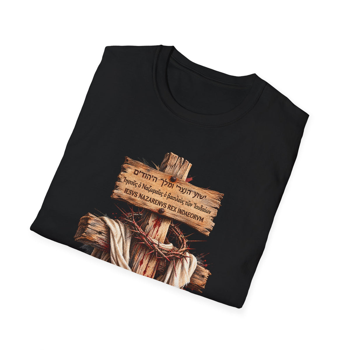 Christian Cross T-Shirt with Wooden Sign and Draped Cloth