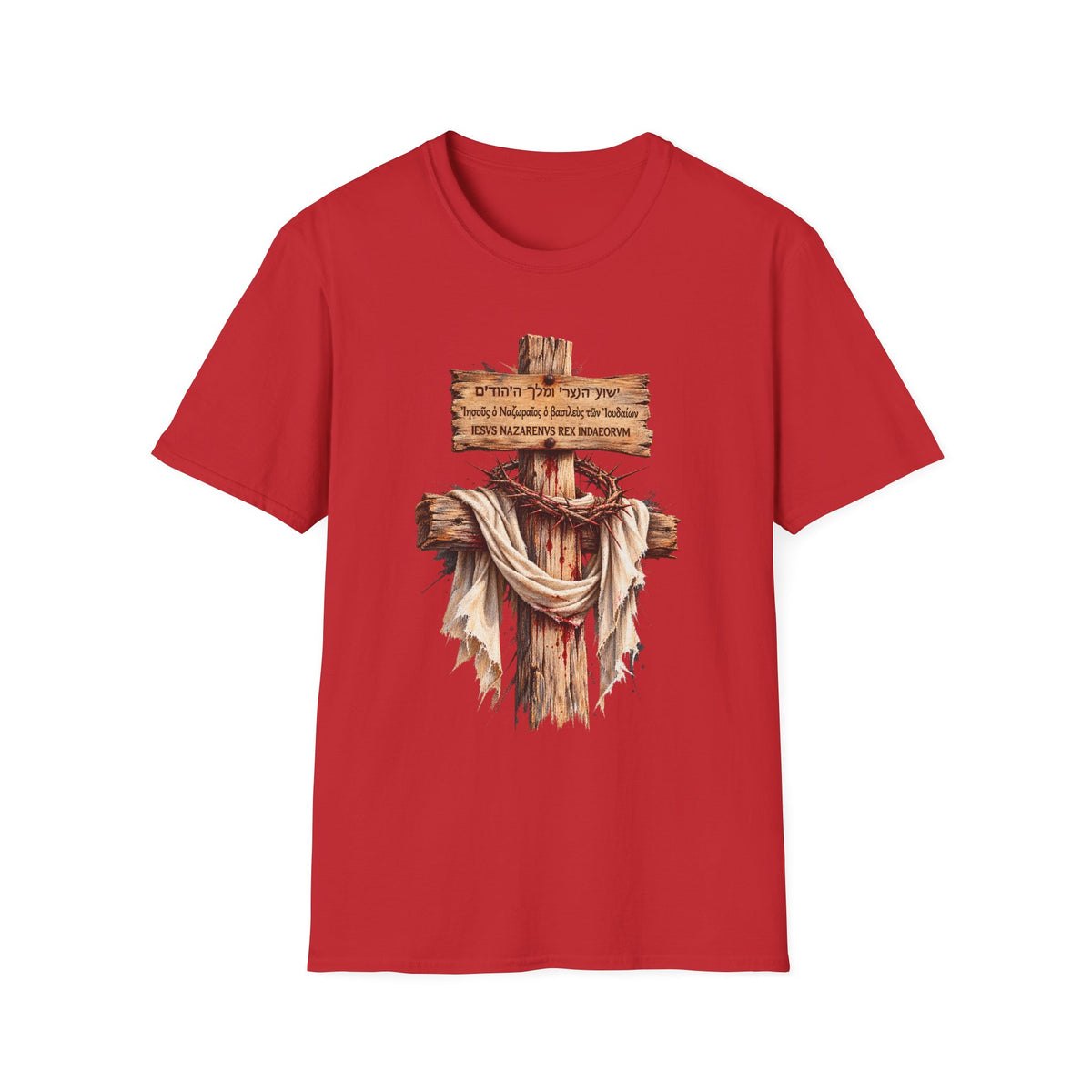 Christian Cross T-Shirt with Wooden Sign and Draped Cloth