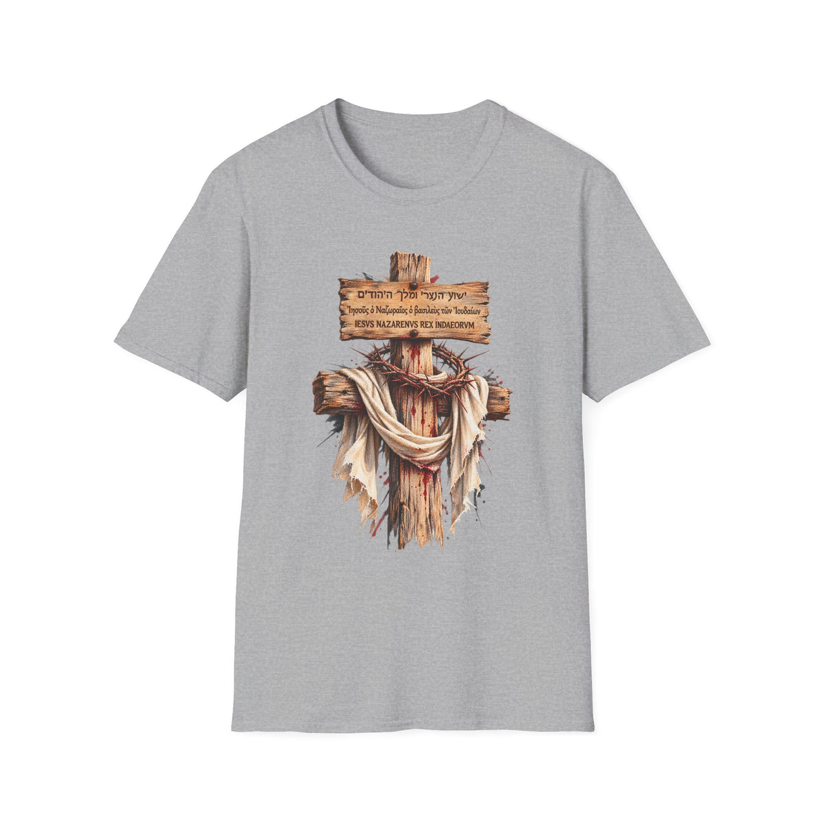 Christian Cross T-Shirt with Wooden Sign and Draped Cloth