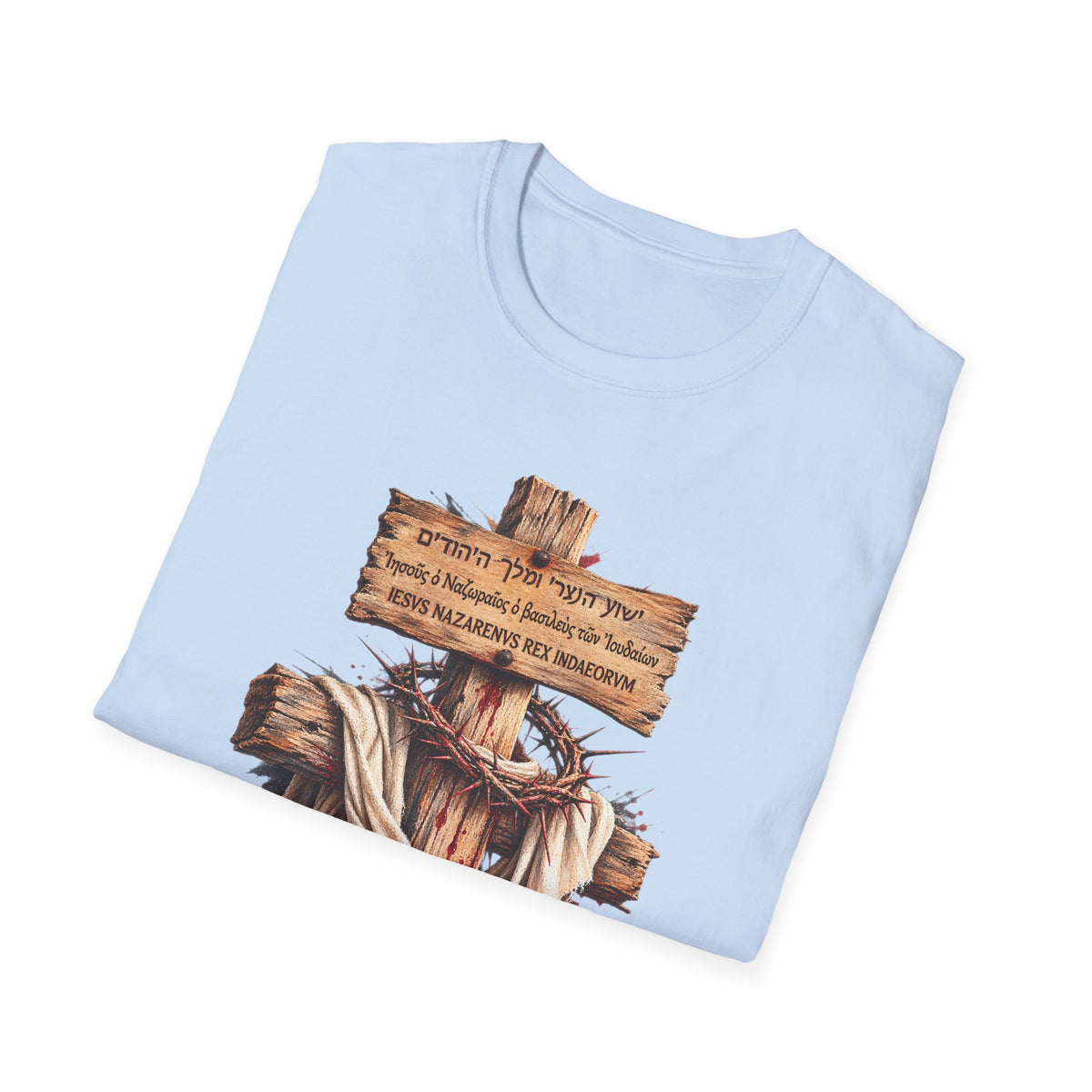 Christian Cross T-Shirt with Wooden Sign and Draped Cloth