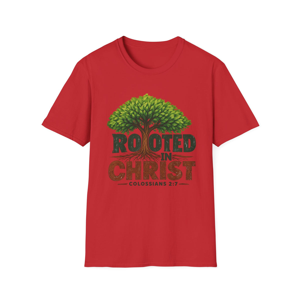 Rooted in Christ T-Shirt — Christian Faith Tree Shirt (Colossians 2:7)