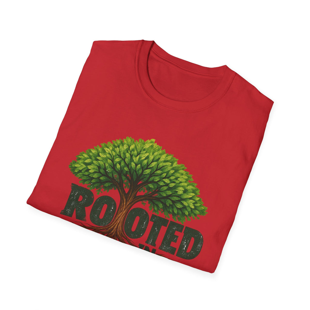 Rooted in Christ T-Shirt — Christian Faith Tree Shirt (Colossians 2:7)