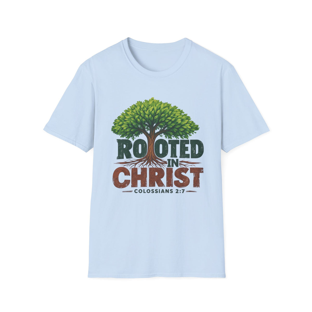 Rooted in Christ T-Shirt — Christian Faith Tree Shirt (Colossians 2:7)