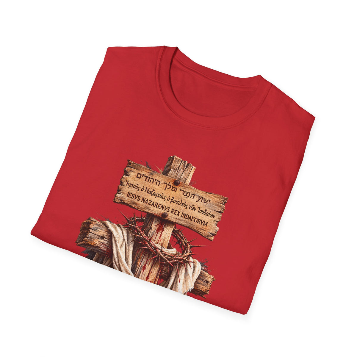Christian Cross T-Shirt with Wooden Sign and Draped Cloth