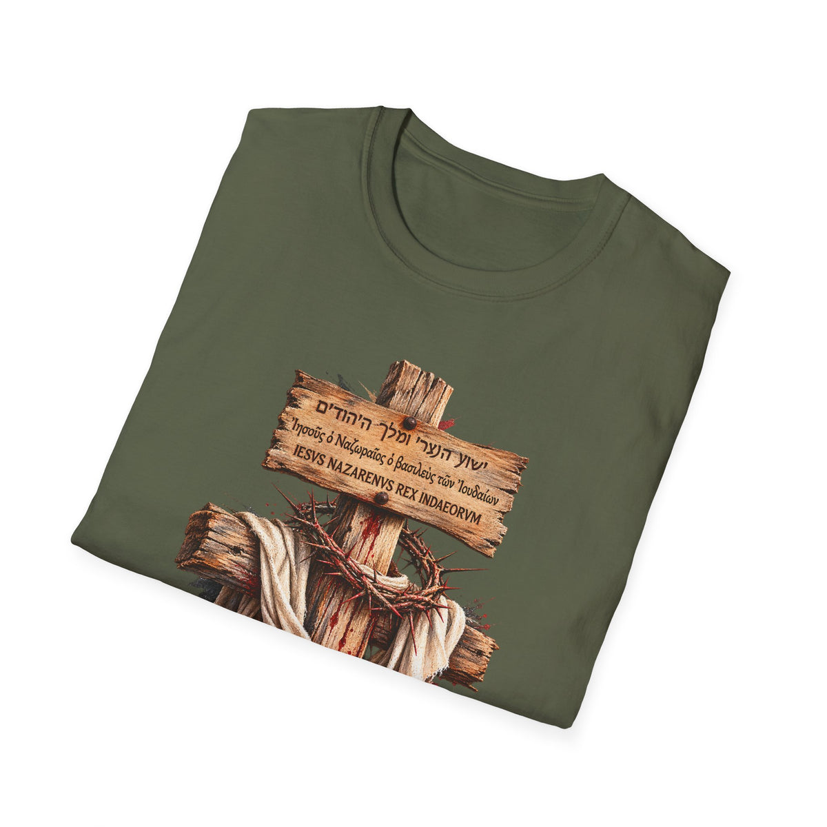 Christian Cross T-Shirt with Wooden Sign and Draped Cloth