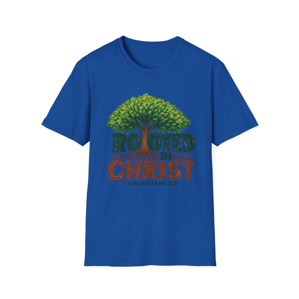 Rooted in Christ T-Shirt — Christian Faith Tree Shirt (Colossians 2:7)
