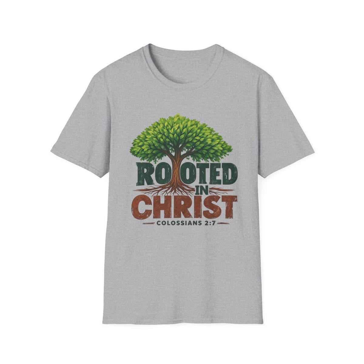 Rooted in Christ T-Shirt — Christian Faith Tree Shirt (Colossians 2:7)