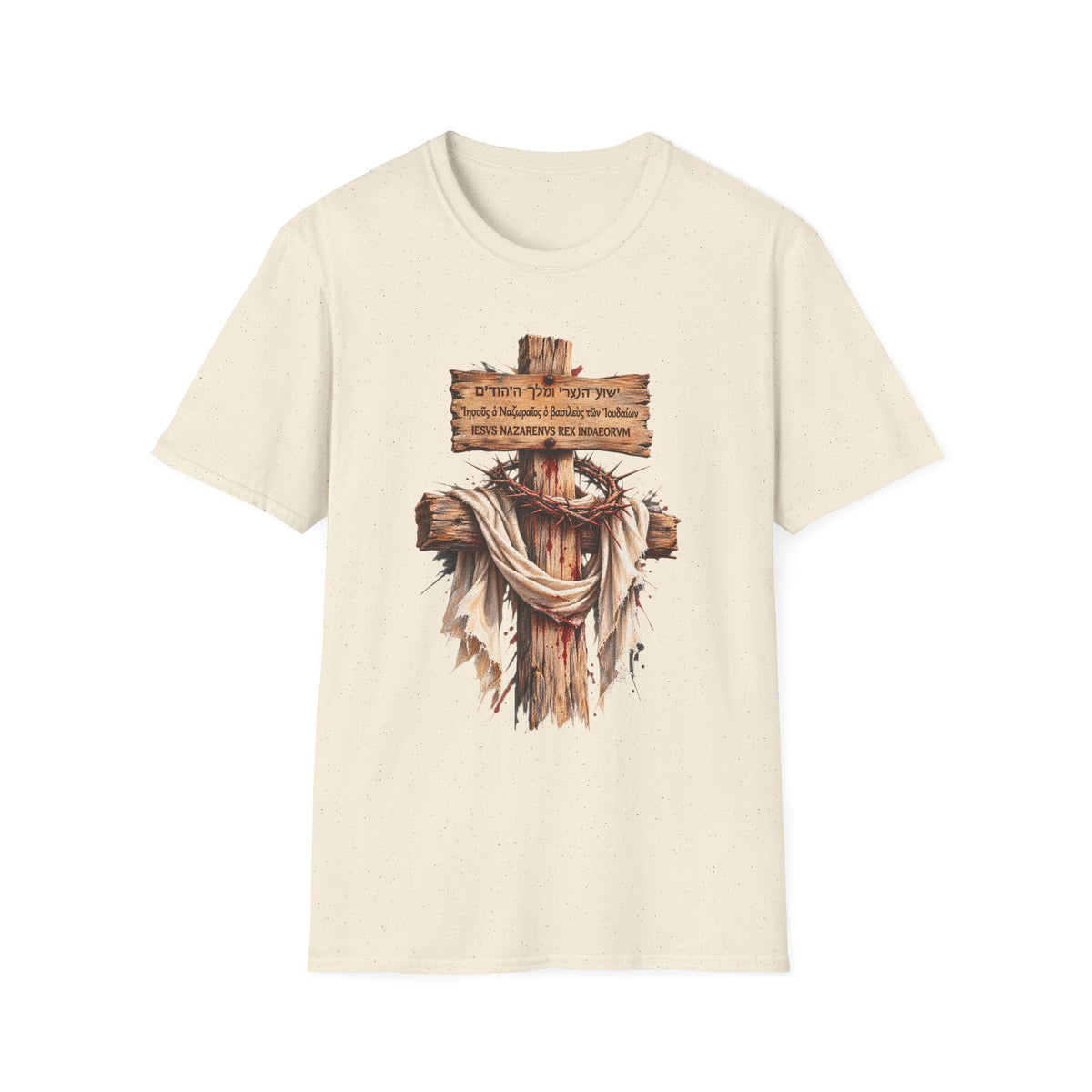 Christian Cross T-Shirt with Wooden Sign and Draped Cloth